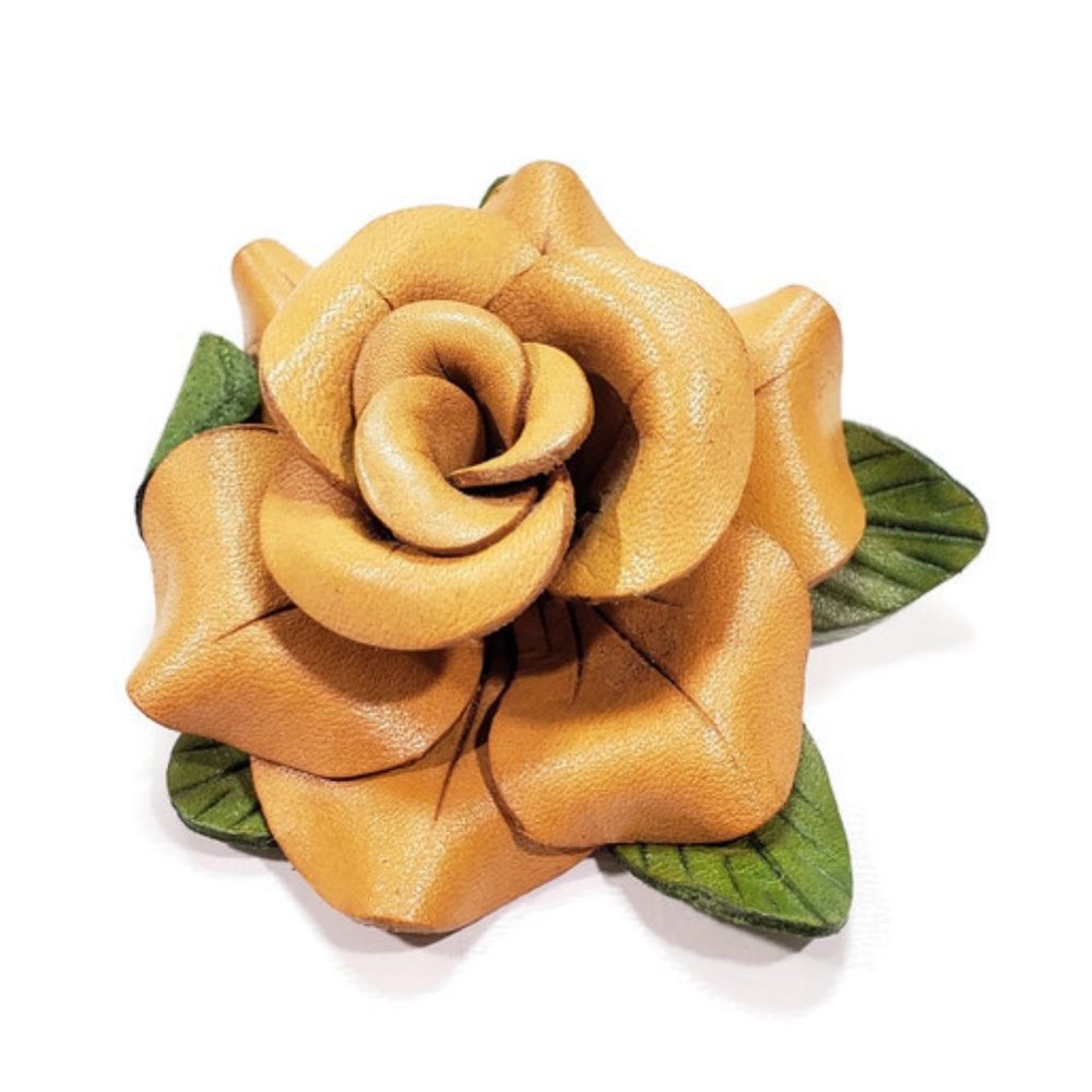 Vintage Rose Brooch Brown Leather Pin